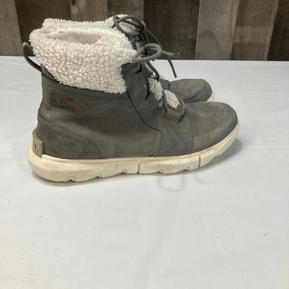 Sorel Explorer Carnival Waterproof Suede Boots‎ Quarry Grey Faux Fur Womens 9
